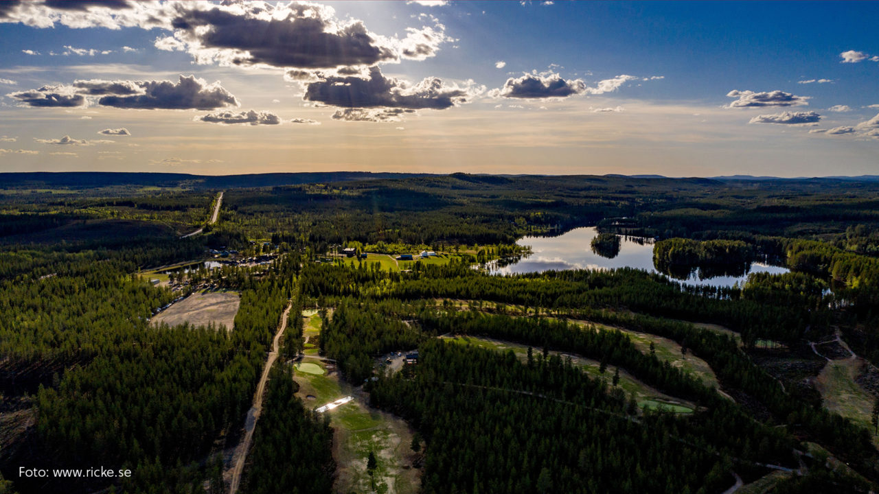 Vy över skog och vatten. Det är sommar och solen tittar fram bakom molnen. rönarbild.
