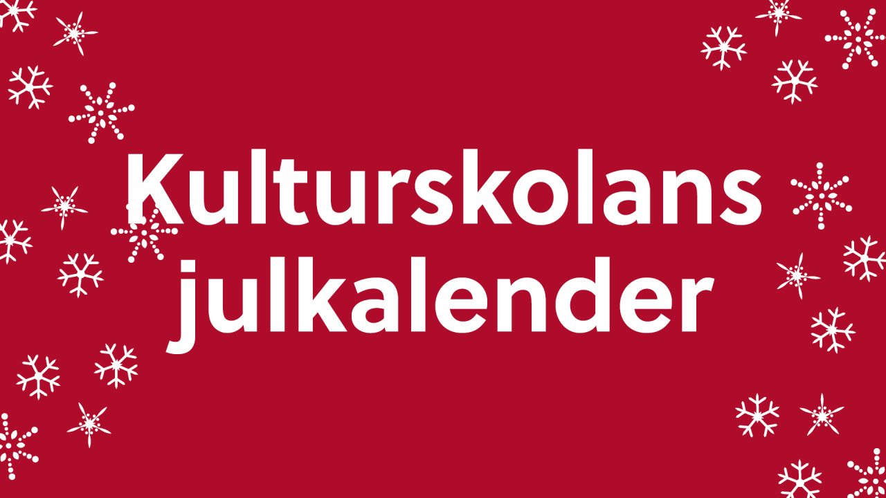 Råd bakgrund med vita snöstjärnor och orden "kulturskolans julkalender"