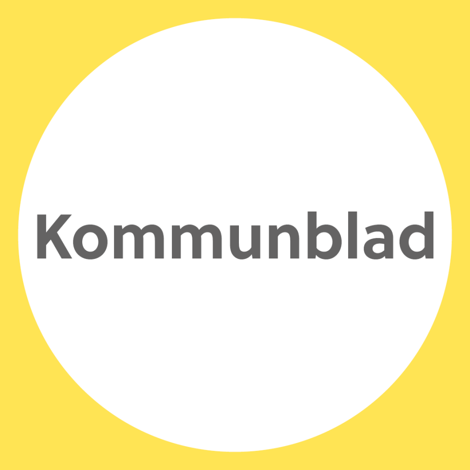 Gul bakgrund med ordet "kommunblad" i en vit cirkel