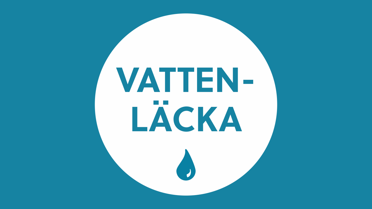 Blå bakgrund. Vit cirkel. Text i bild: vattenläcka