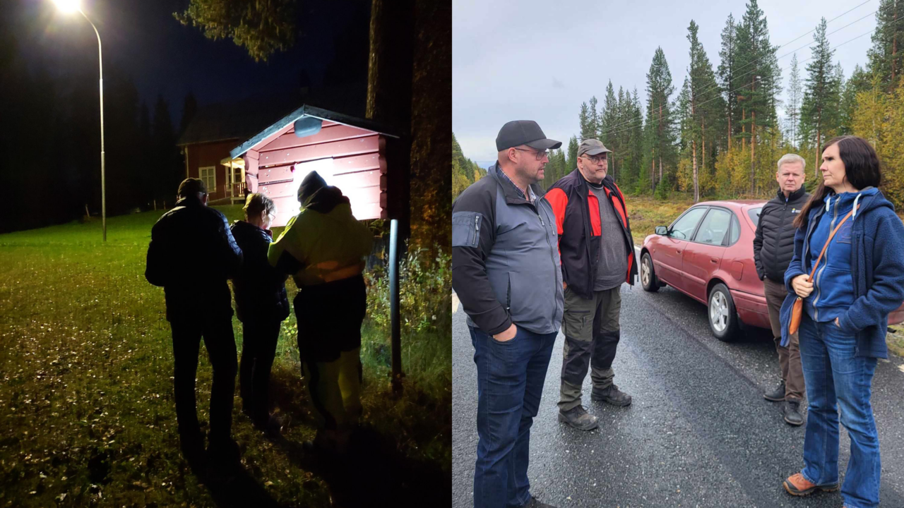En halvan en gruppbild i mörker vid en anslagstavla. Den andra är en gruppbild på fyra människor i regn.