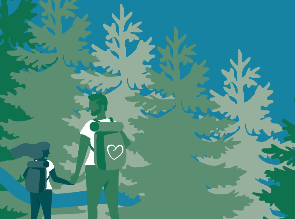 Dekorativ bild i blått med tecknade personer i skog