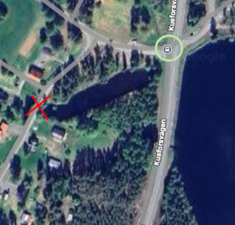 Karta över byn Bjurträsk med bron som stängs av markerad