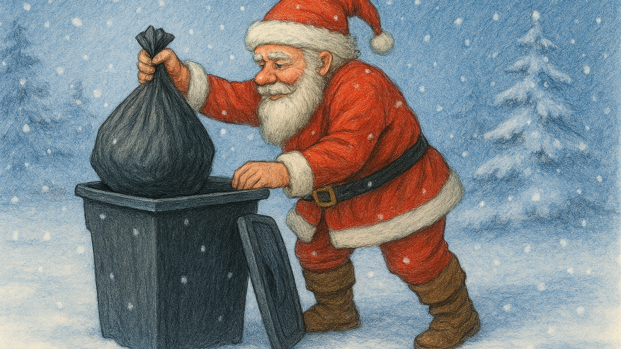 En man i röd tomtedräkt slänger en svart sopsäck i en svart soptunna. Det snöar.