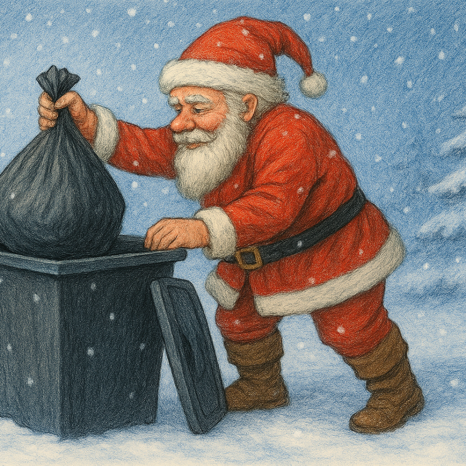 En man i röd tomtedräkt slänger en svart sopsäck i en svart soptunna. Det snöar.
