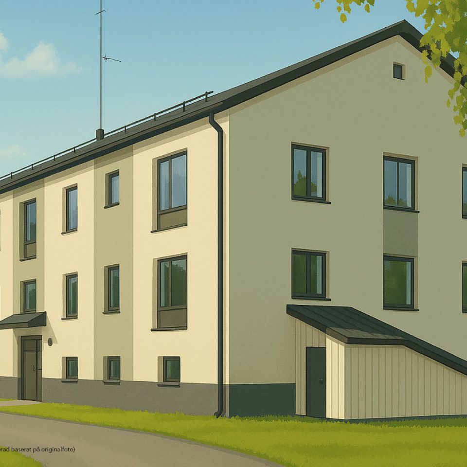 Illustration av hyreshus skapad med hjälp av Microsoft Copilot (AI-genererad baserat på originalfoto).