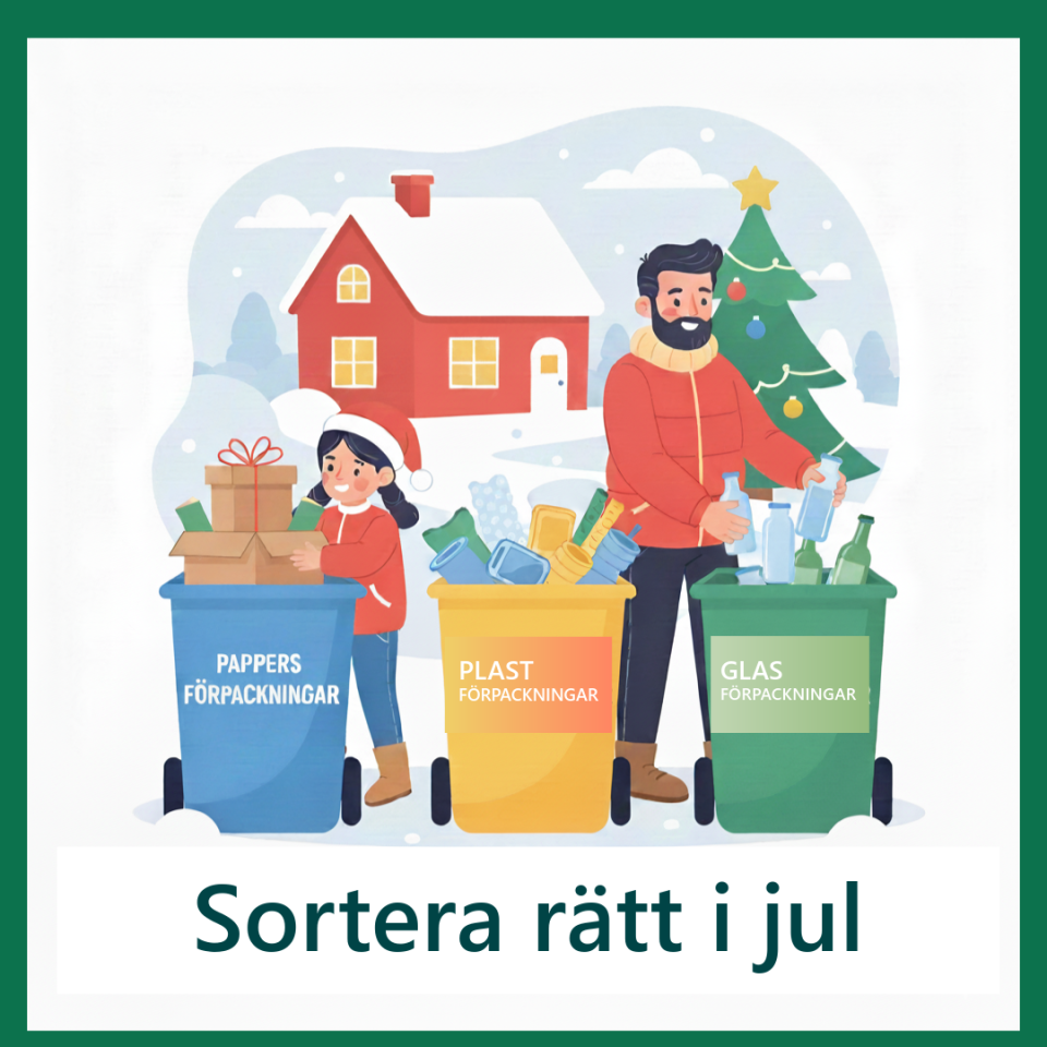 En psppa och dotter sorterar kartonger, plastförpackningar och glasflaskor