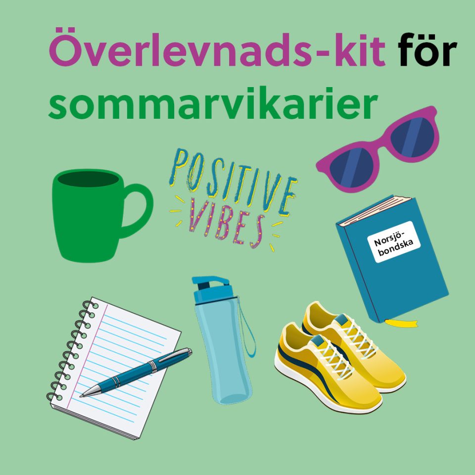 Illustrerad bild på vattenflaska, mugg, solglasögon och ordbok