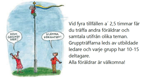 En teckning med ett barn i toppen av en flaggstång. Den ena föräldern ropar "Kom ner" den andra "Klättra försiktigt